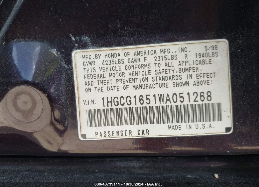 1998 HONDA ACCORD EX V6 VIN: 1HGCG1651WA051268