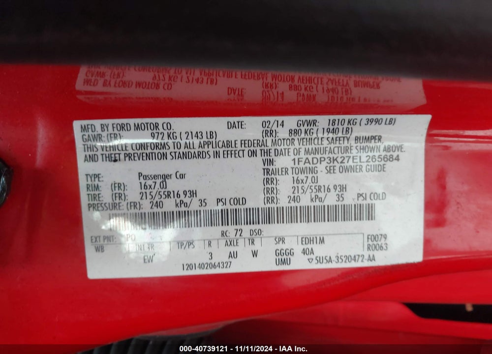 2014 FORD FOCUS SE VIN: 1FADP3K27EL265684