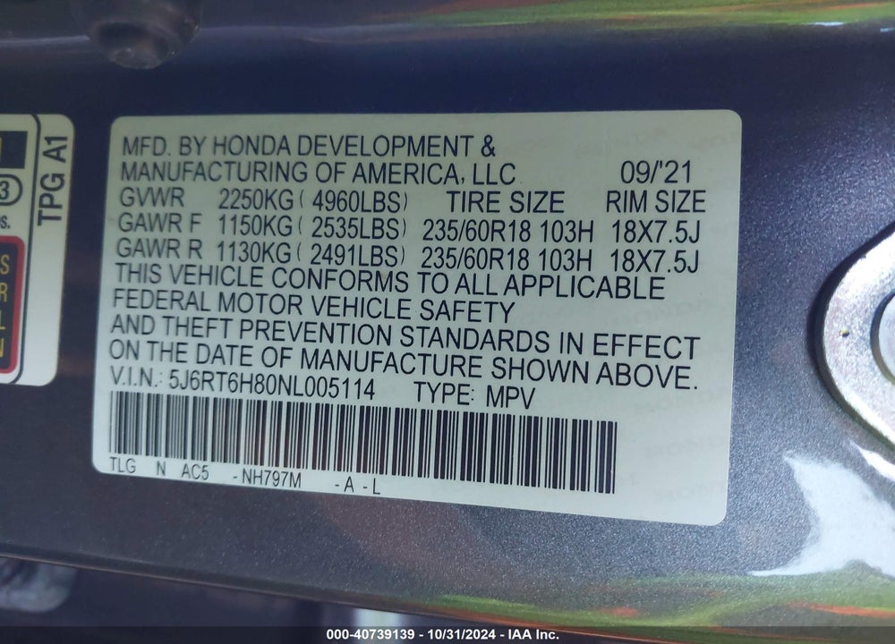 2022 HONDA CR-V HYBRID EX-L VIN: 5J6RT6H80NL005114