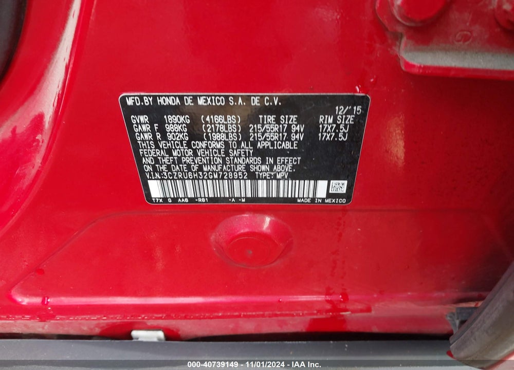2016 HONDA HR-V LX VIN: 3CZRU6H32GM728952