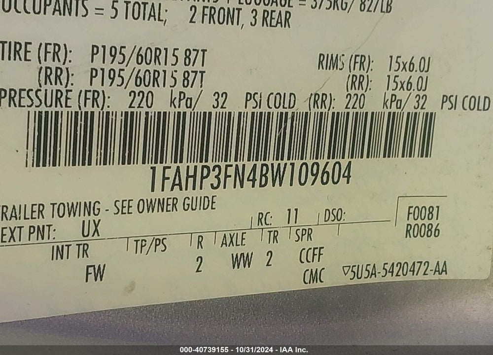 2011 FORD FOCUS SE VIN: 1FAHP3FN4BW109604