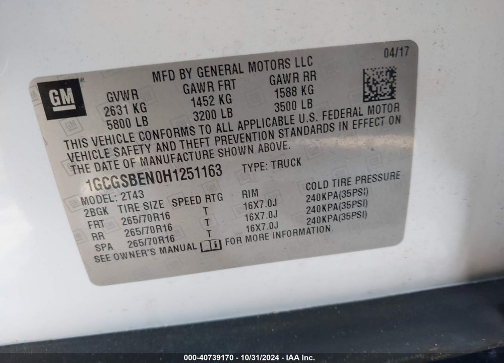 2017 CHEVROLET COLORADO VIN: 1GCGSBEN0H1251163