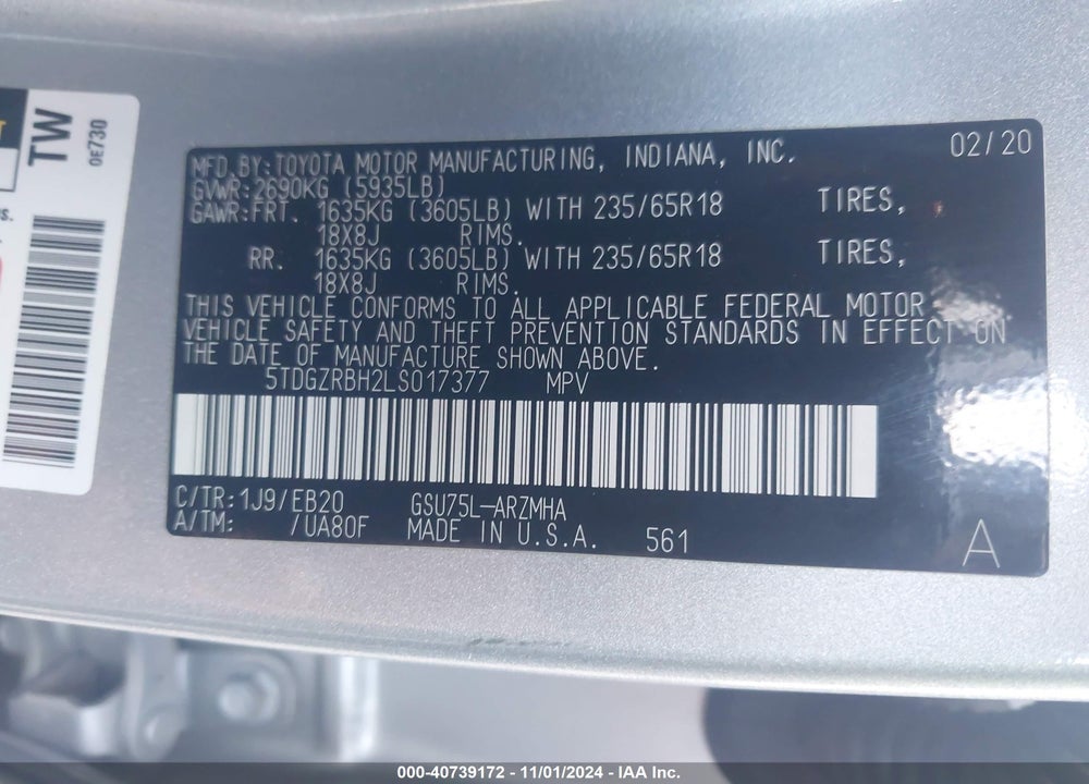 2020 TOYOTA HIGHLANDER VIN: 5TDGZRBH2LS017377