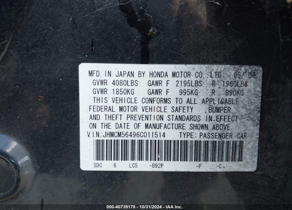 2006 HONDA ACCORD 2.4 LX VIN: JHMCM56496C011514