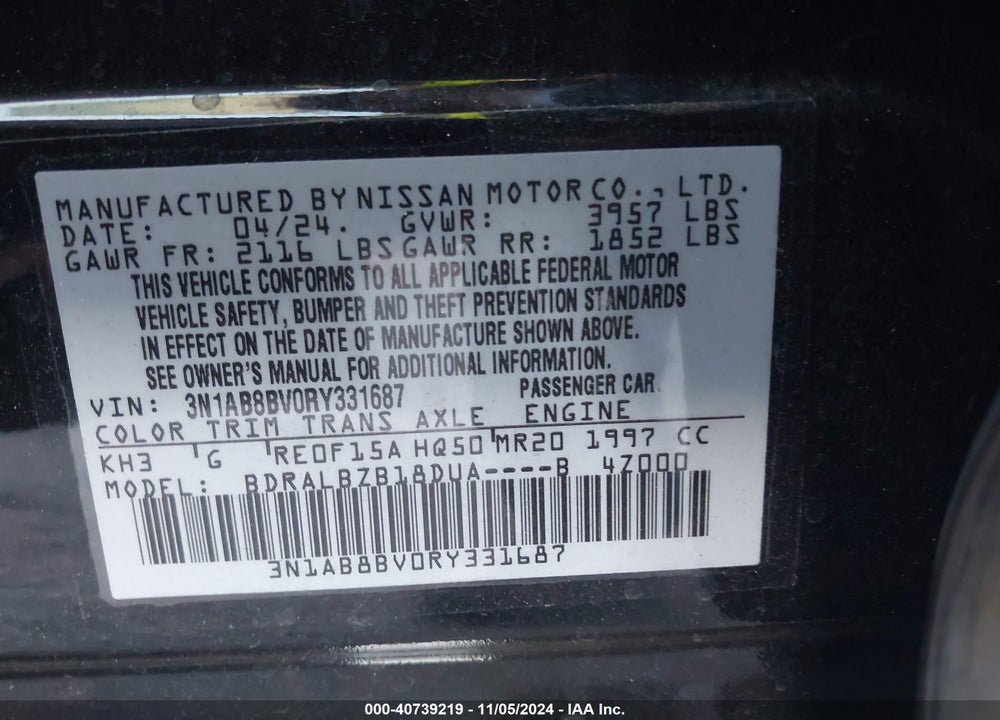 2024 NISSAN SENTRA VIN: 3N1AB8BV0RY331687