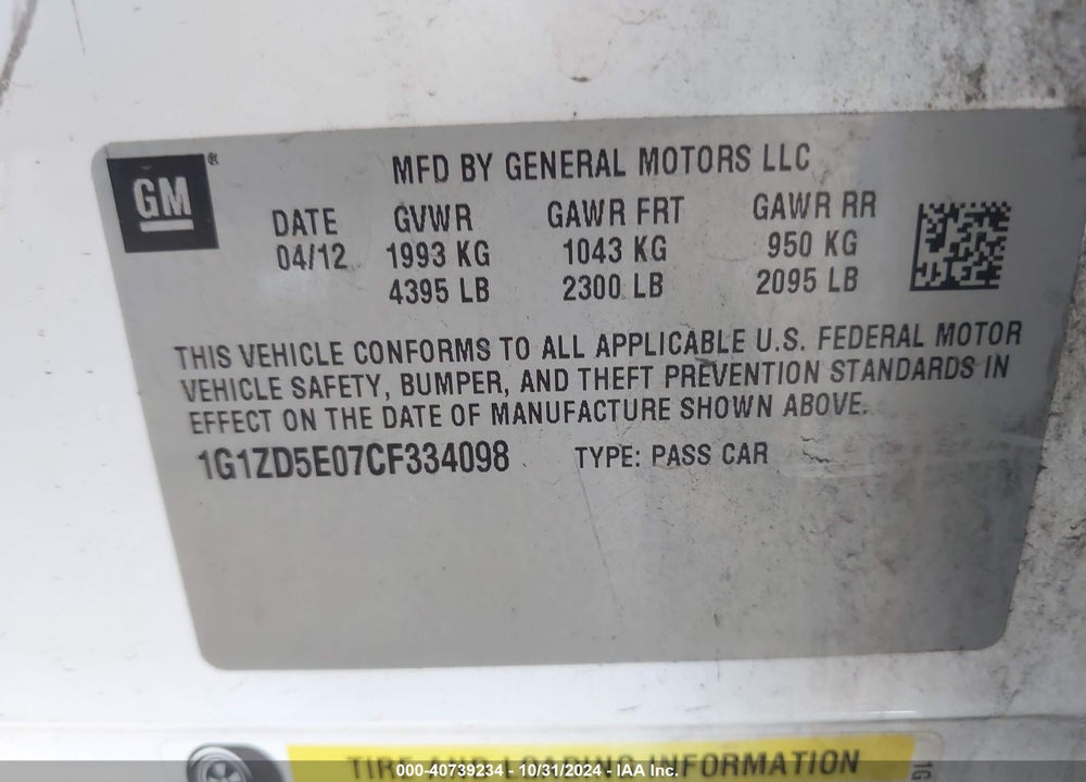 2012 CHEVROLET MALIBU 2LT VIN: 1G1ZD5E07CF334098