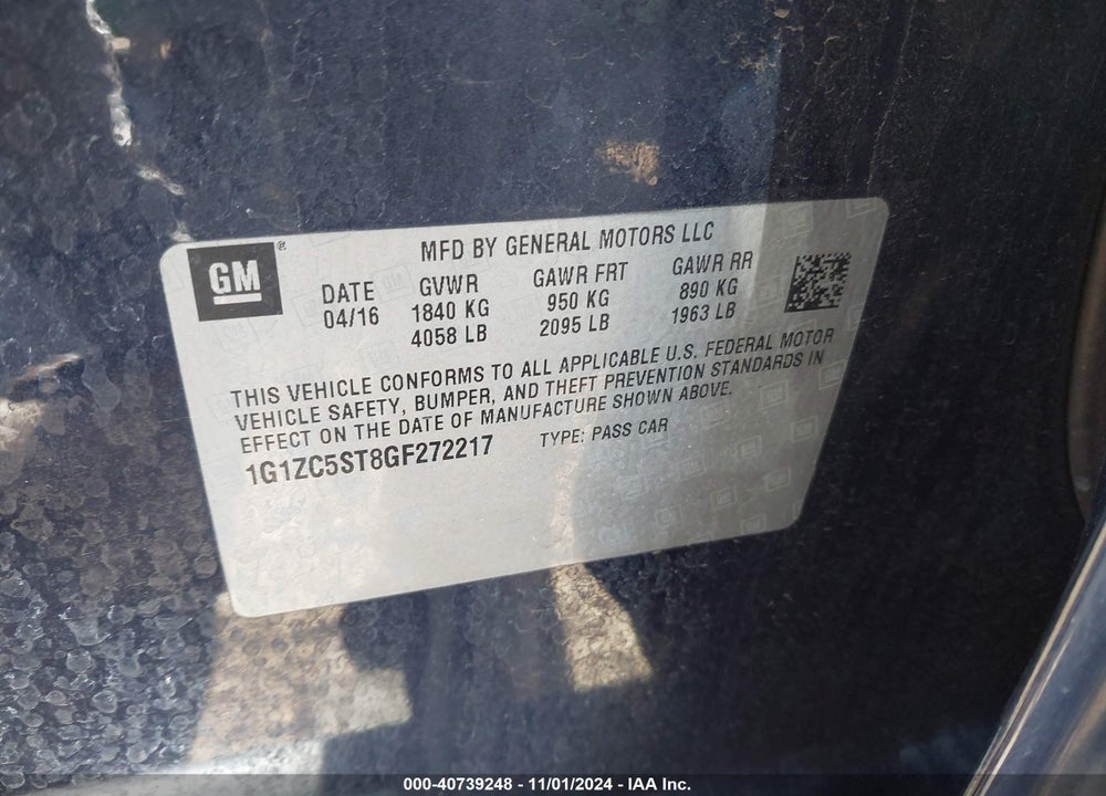 2016 CHEVROLET MALIBU 1FL VIN: 1G1ZC5ST8GF272217