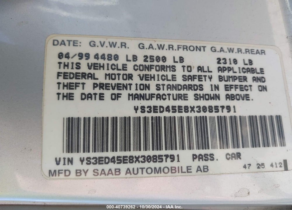 1999 SAAB 9-5 VIN: YS3ED45E8X3085791