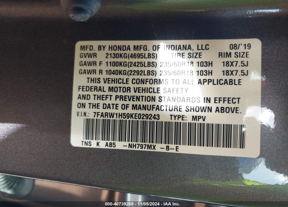 2019 HONDA CR-V EX VIN: 7FARW1H59KE029243