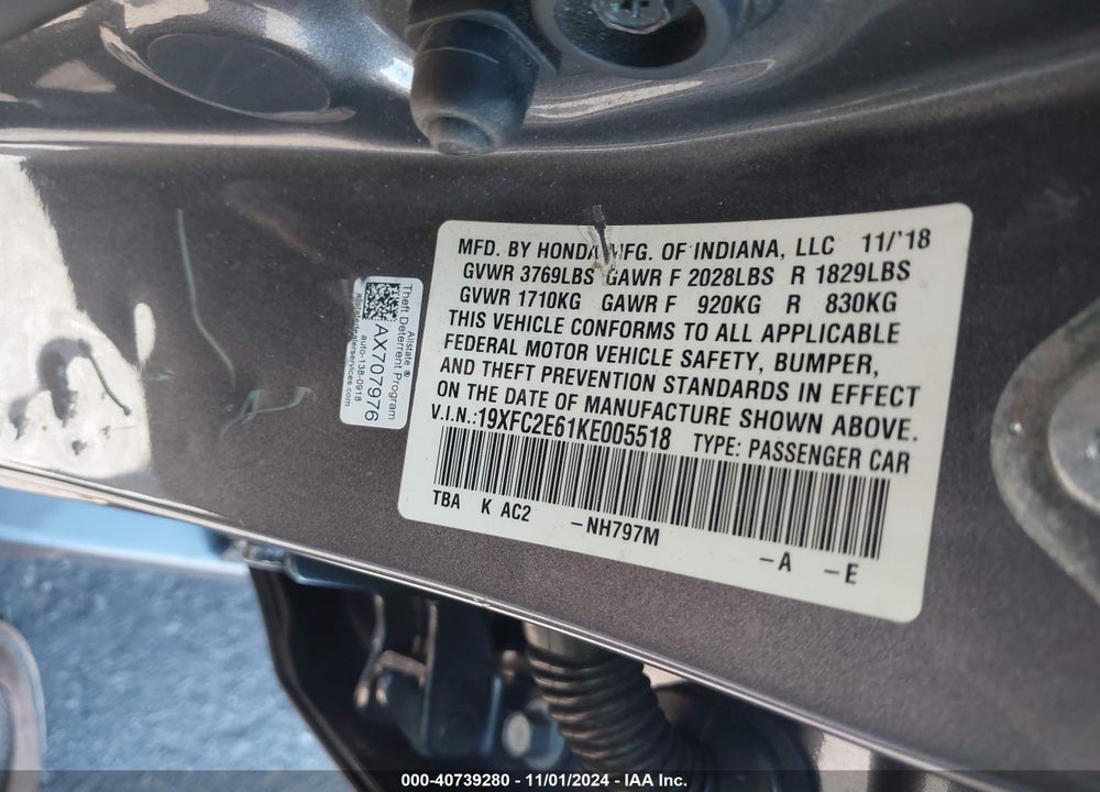 2019 HONDA CIVIC LX VIN: 19XFC2E61KE005518