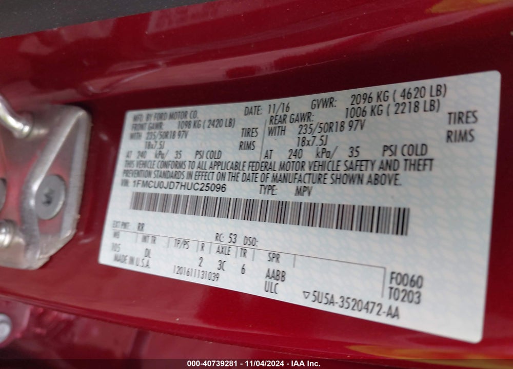 2017 FORD ESCAPE TITANIUM VIN: 1FMCU0JD7HUC25096