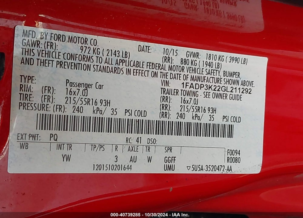 2016 FORD FOCUS SE VIN: 1FADP3K22GL211292