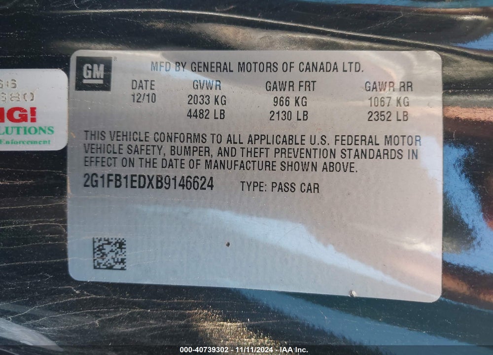 2011 CHEVROLET CAMARO 1LT VIN: 2G1FB1EDXB9146624