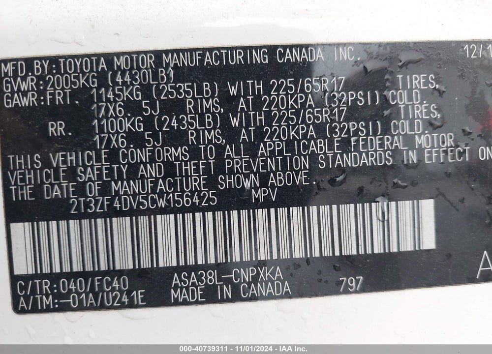 2012 TOYOTA RAV4 VIN: 2T3ZF4DV5CW156425