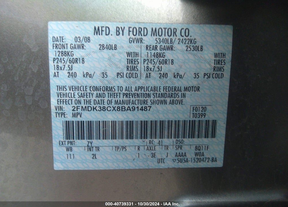 2008 FORD EDGE SEL VIN: 2FMDK38CX8BA91487