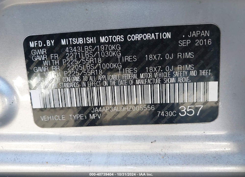 2017 MITSUBISHI OUTLANDER SPORT 2.0 ES VIN: JA4AP3AU9HZ005556