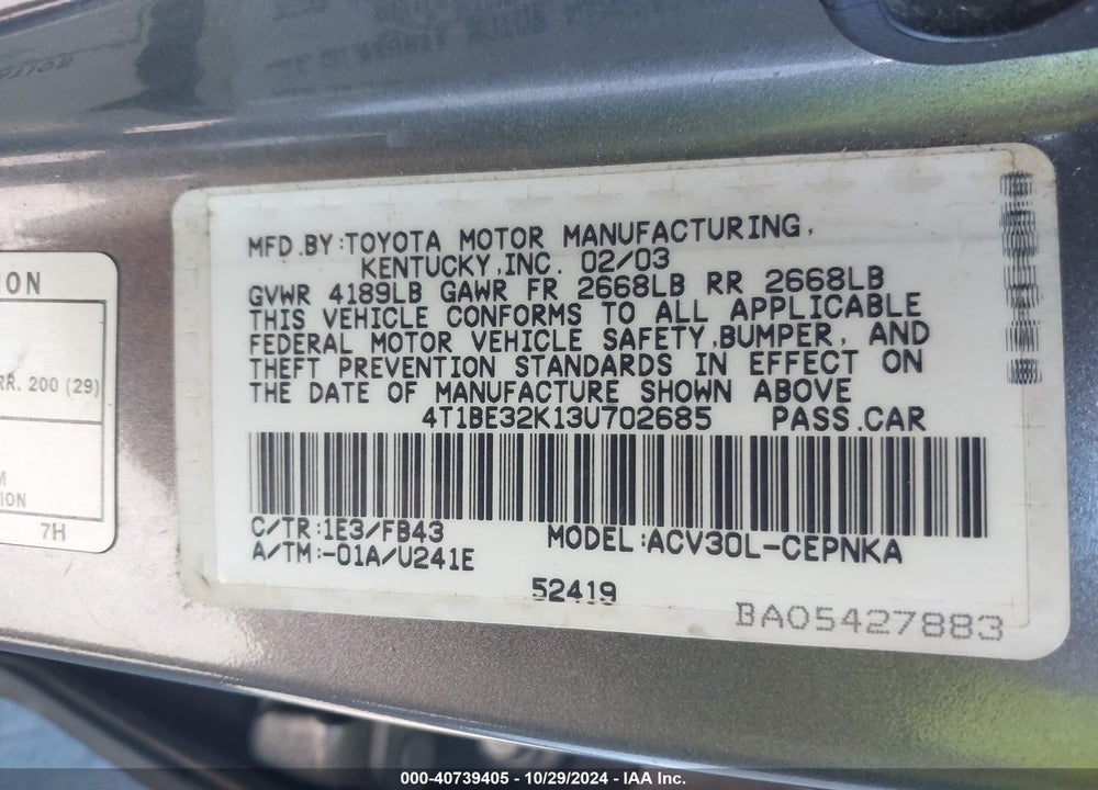 2003 TOYOTA CAMRY LE VIN: 4T1BE32K13U702685