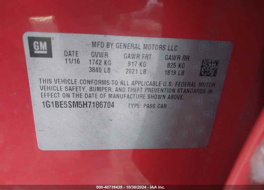 2017 CHEVROLET CRUZE LT AUTO VIN: 1G1BE5SM5H7186704