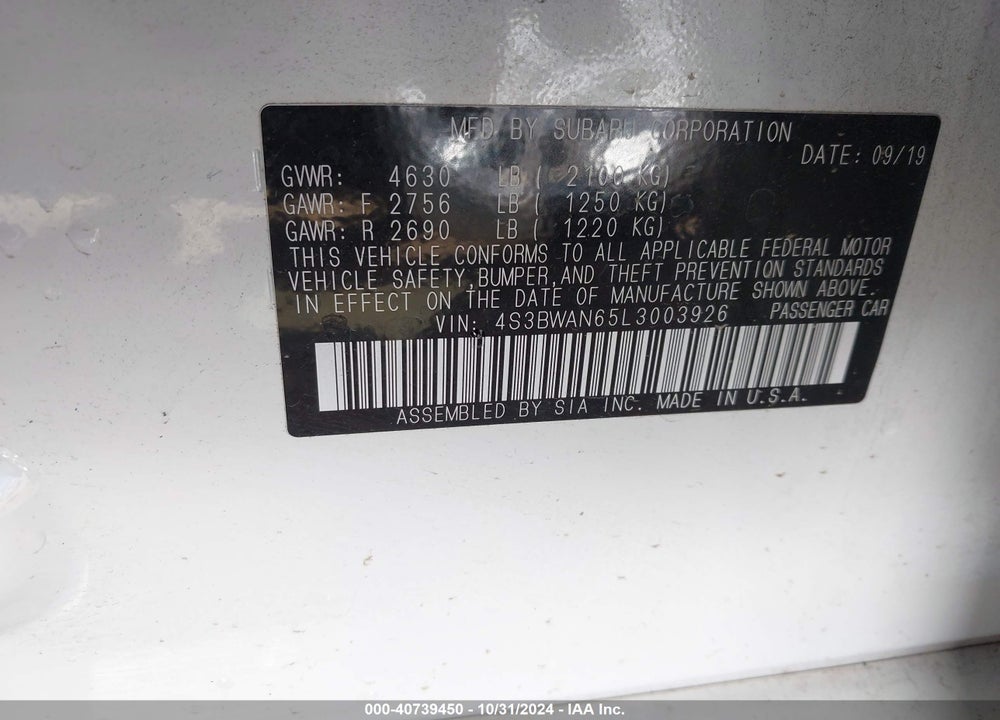 2020 SUBARU LEGACY LIMITED VIN: 4S3BWAN65L3003926