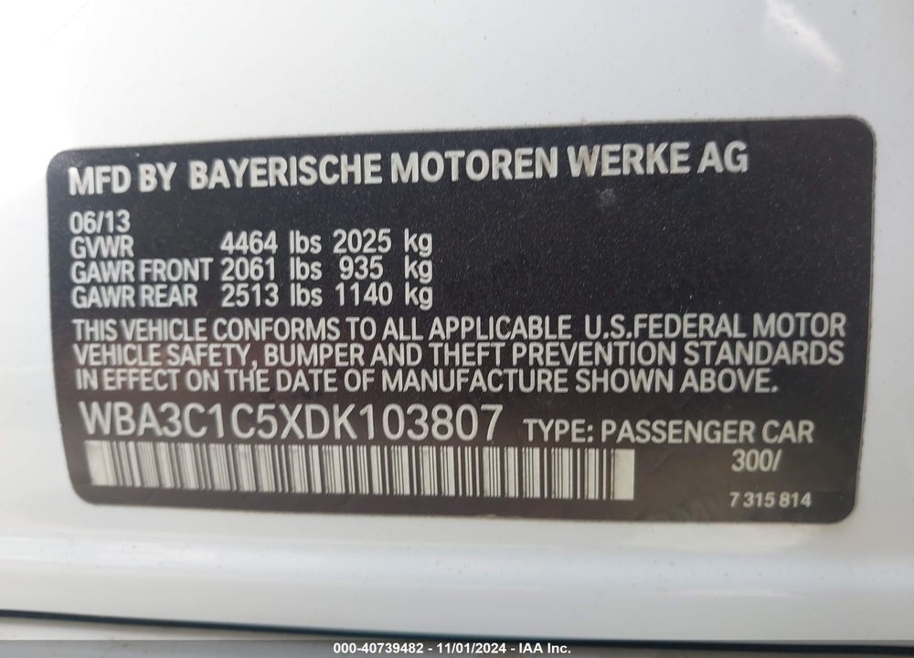 2013 BMW 328I VIN: WBA3C1C5XDK103807