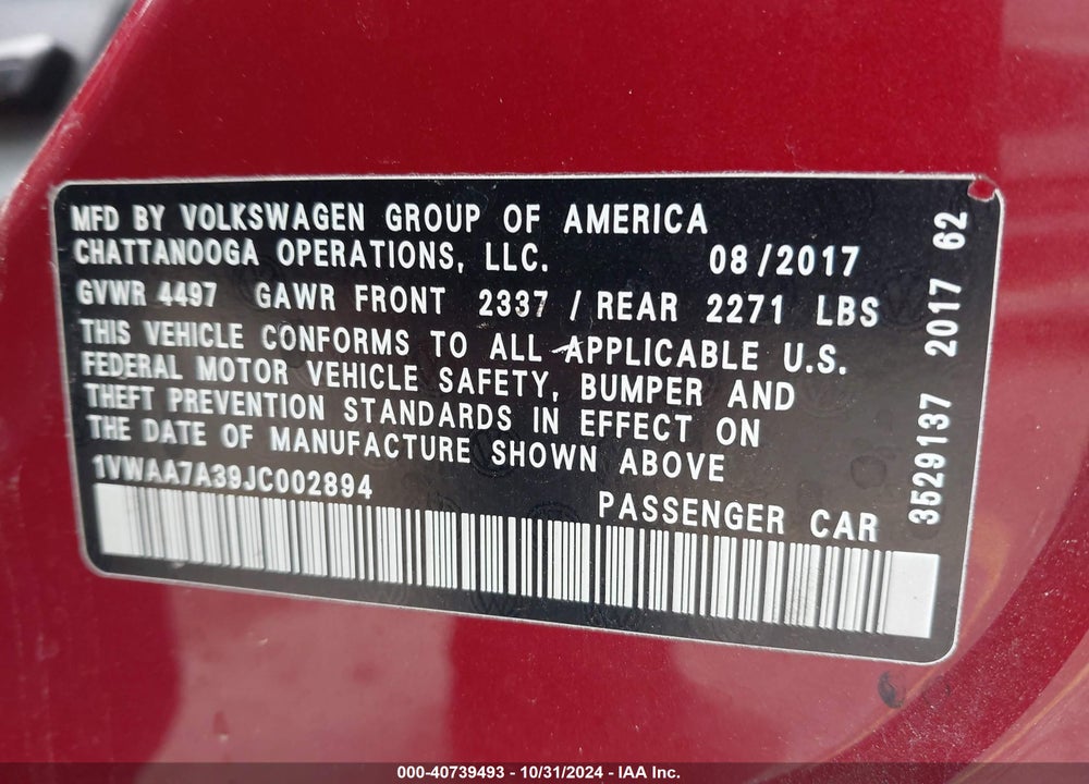 2018 VOLKSWAGEN PASSAT 2.0T R-LINE/2.0T S VIN: 1VWAA7A39JC002894