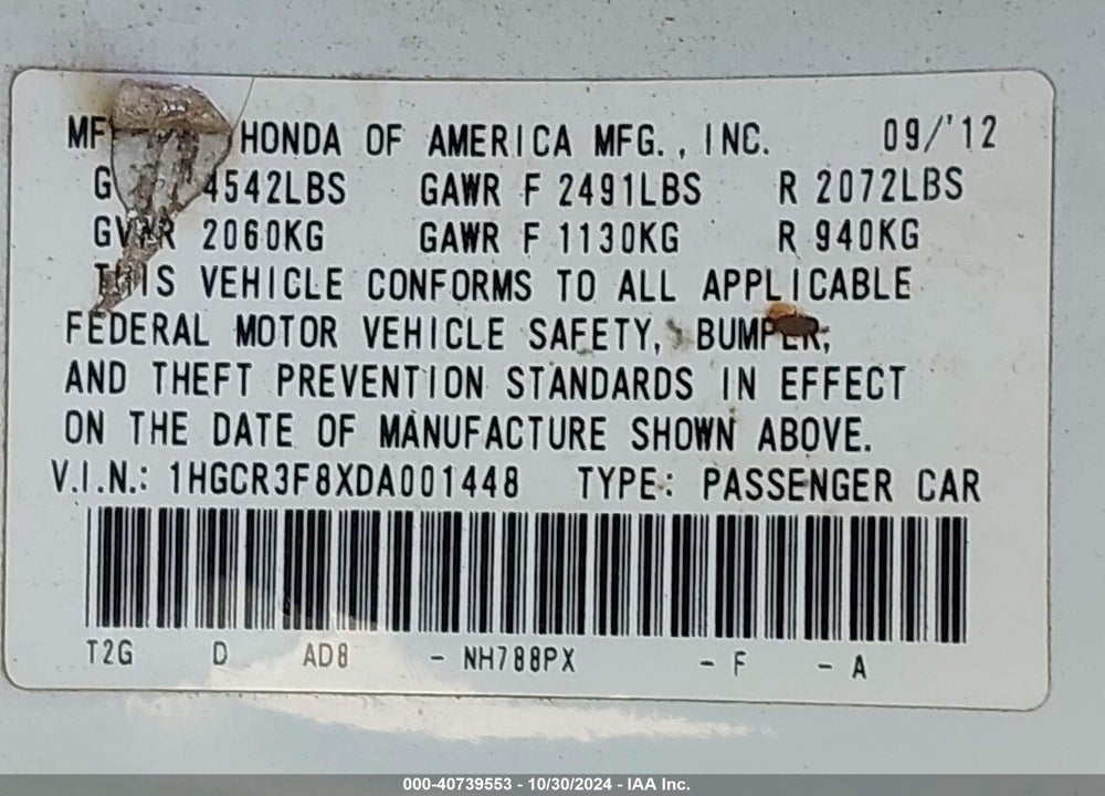 2013 HONDA ACCORD EX-L V-6 VIN: 1HGCR3F8XDA001448