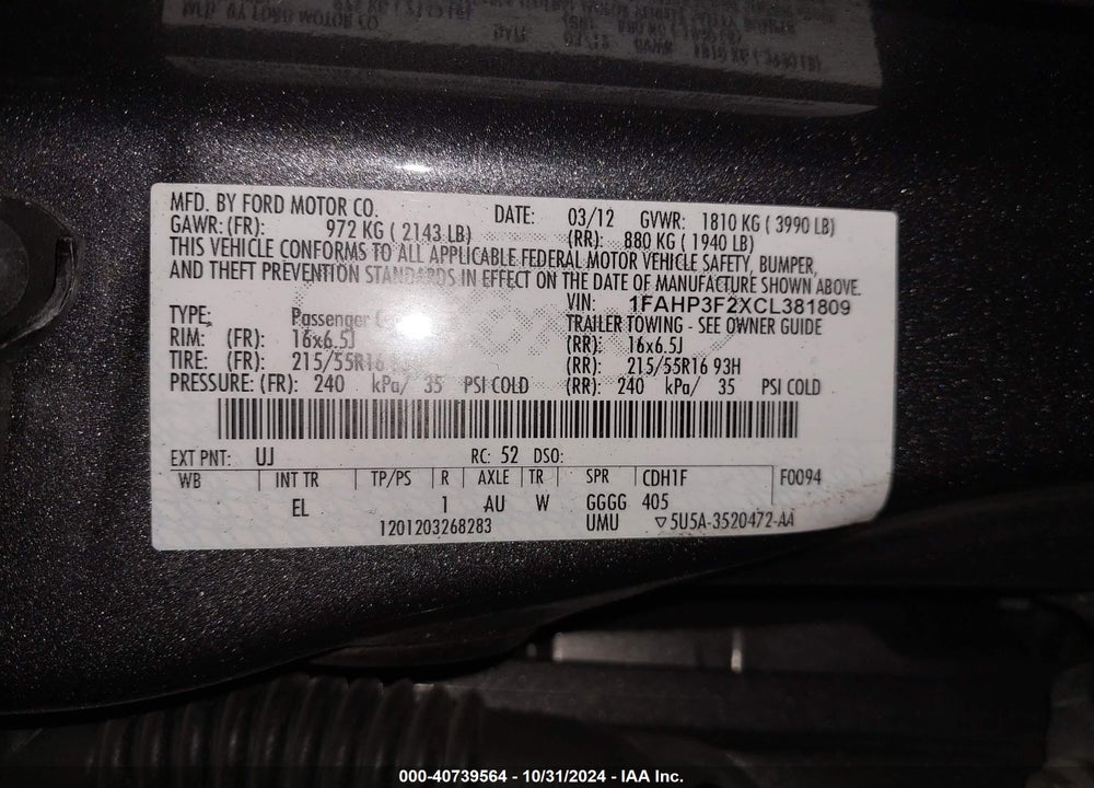 2012 FORD FOCUS SE VIN: 1FAHP3F2XCL381809