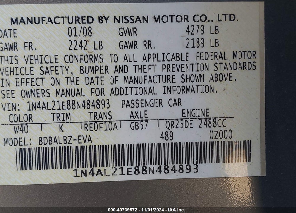 2008 NISSAN ALTIMA 2.5 S VIN: 1N4AL21E88N484893