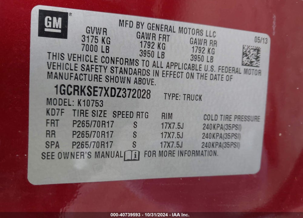 2013 CHEVROLET SILVERADO 1500 LT VIN: 1GCRKSE7XDZ372028