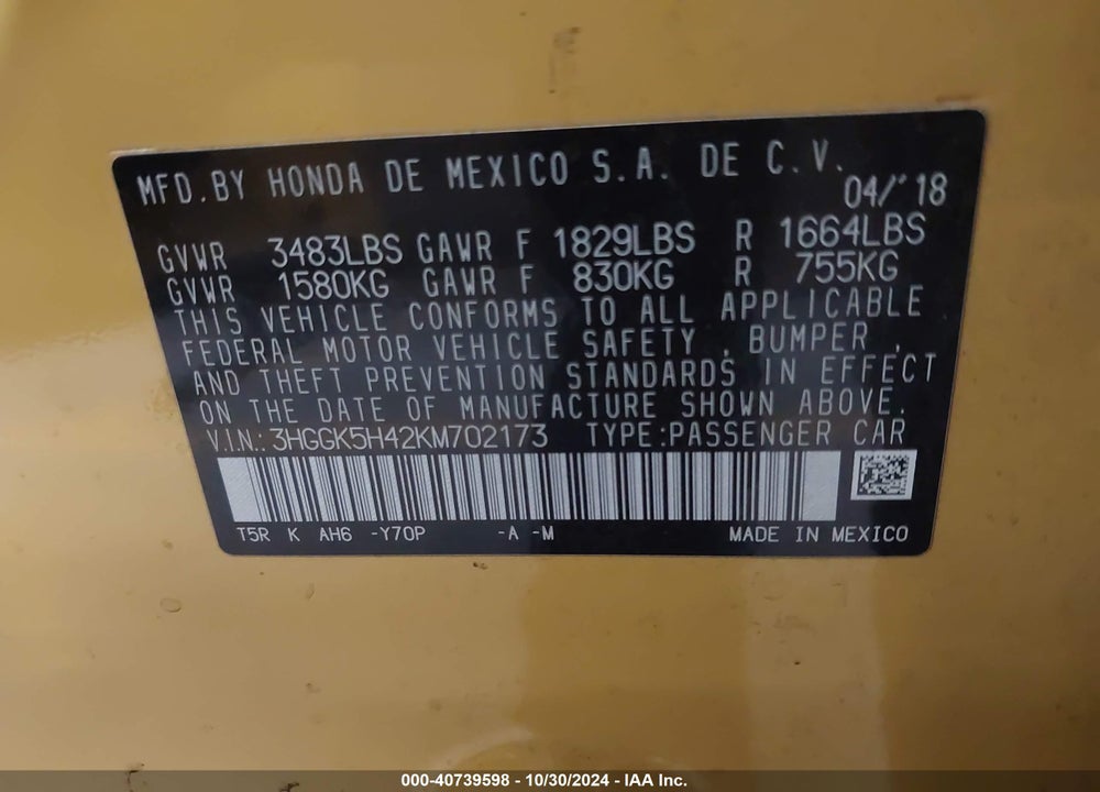 2019 HONDA FIT LX VIN: 3HGGK5H42KM702173