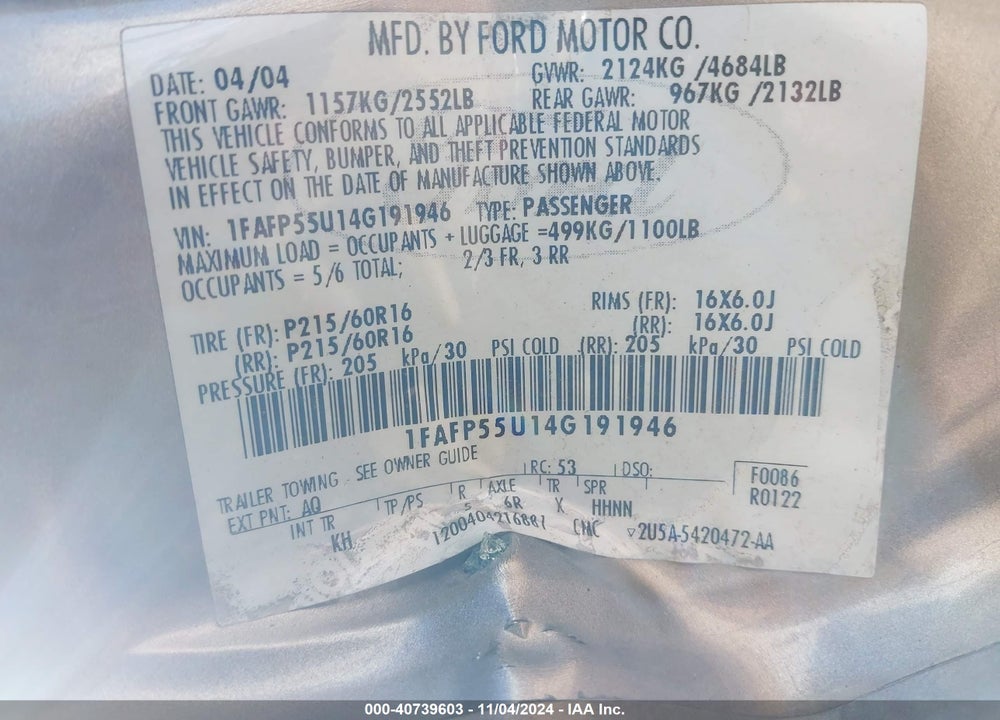 2004 FORD TAURUS SES VIN: 1FAFP55U14G191946