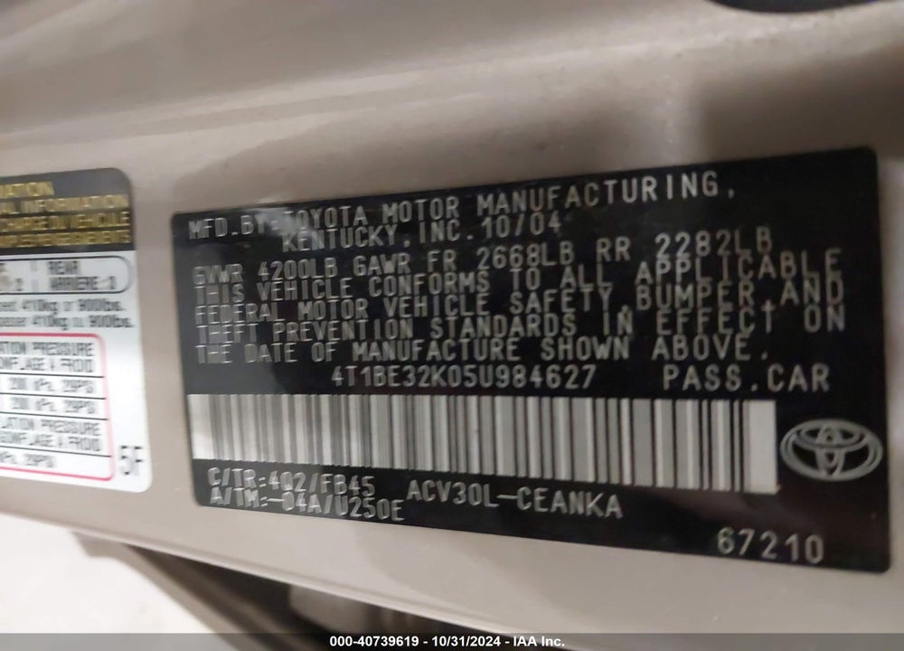 2005 TOYOTA CAMRY LE VIN: 4T1BE32K05U984627