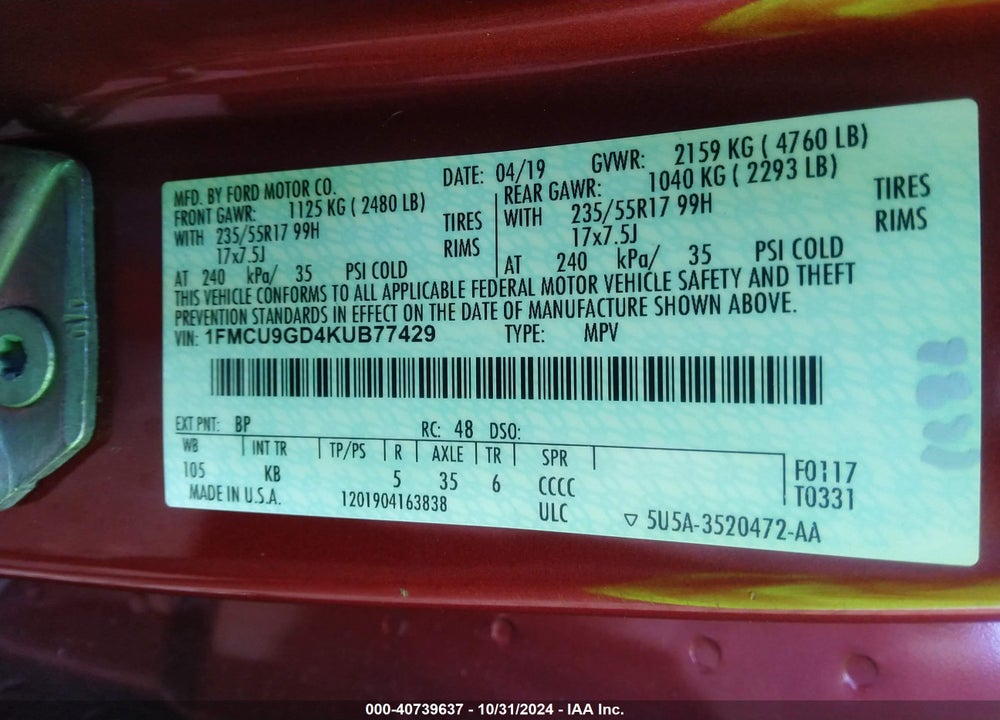 2019 FORD ESCAPE SE VIN: 1FMCU9GD4KUB77429