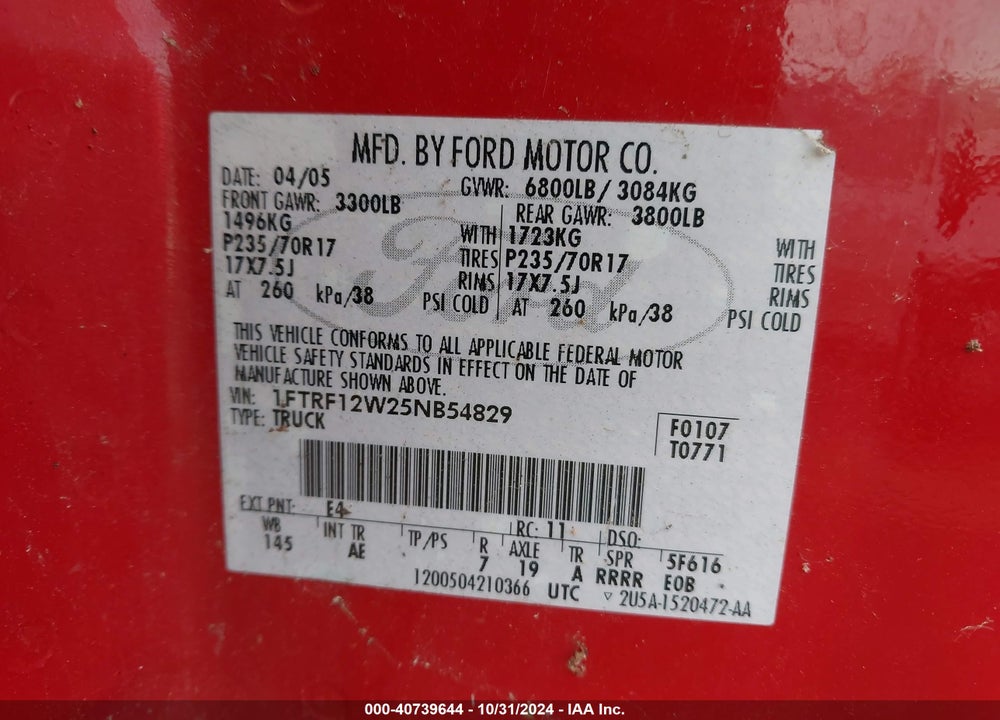 2005 FORD F-150 STX/XL/XLT VIN: 1FTRF12W25NB54829