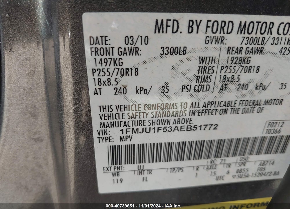 2010 FORD EXPEDITION XLT VIN: 1FMJU1F53AEB51772