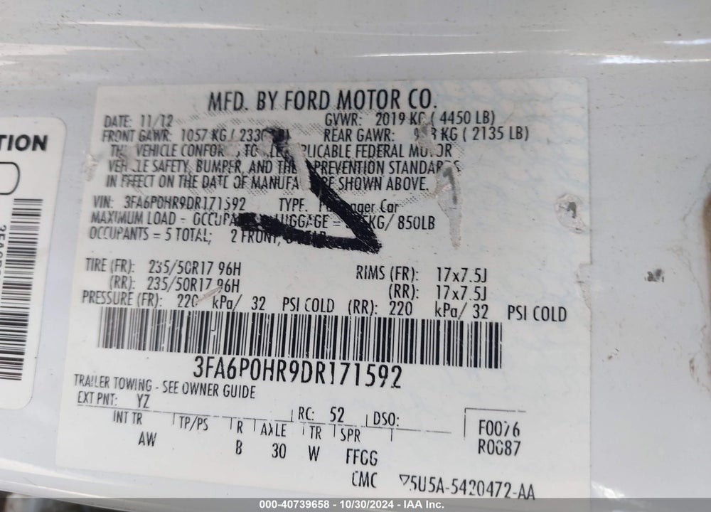 2013 FORD FUSION SE VIN: 3FA6P0HR9DR171592