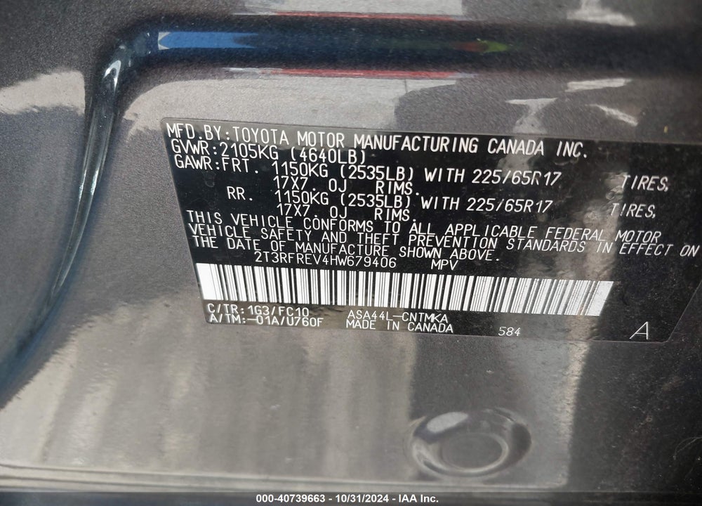 2017 TOYOTA RAV4 XLE VIN: 2T3RFREV4HW679406
