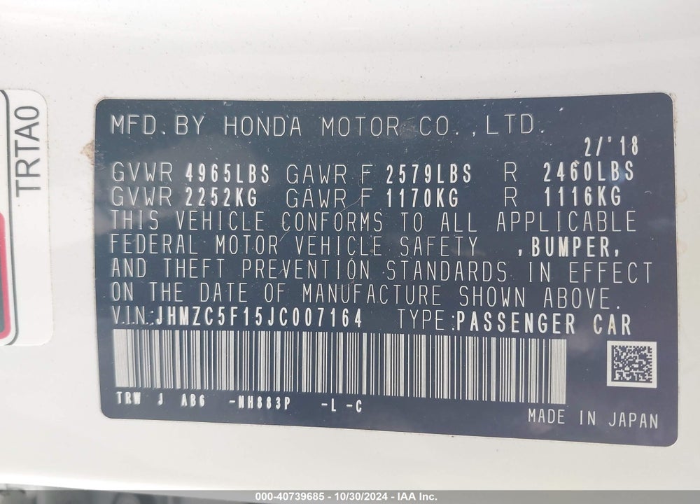 2018 HONDA CLARITY PLUG-IN HYBRID VIN: JHMZC5F15JC007164