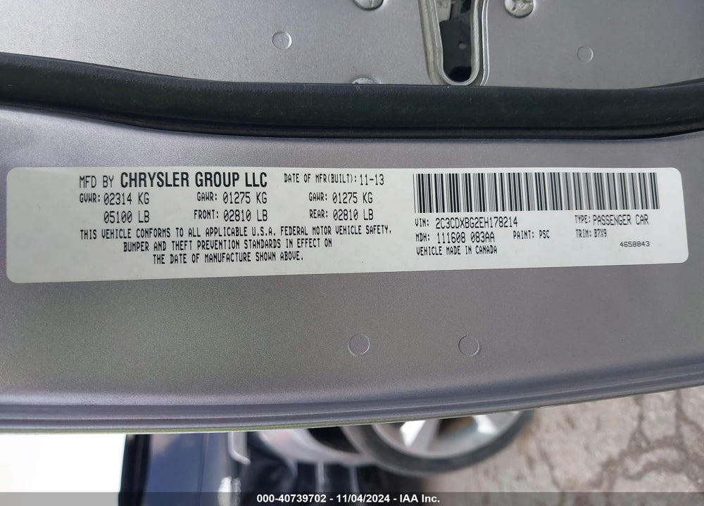 2014 DODGE CHARGER SE VIN: 2C3CDXBG2EH178214