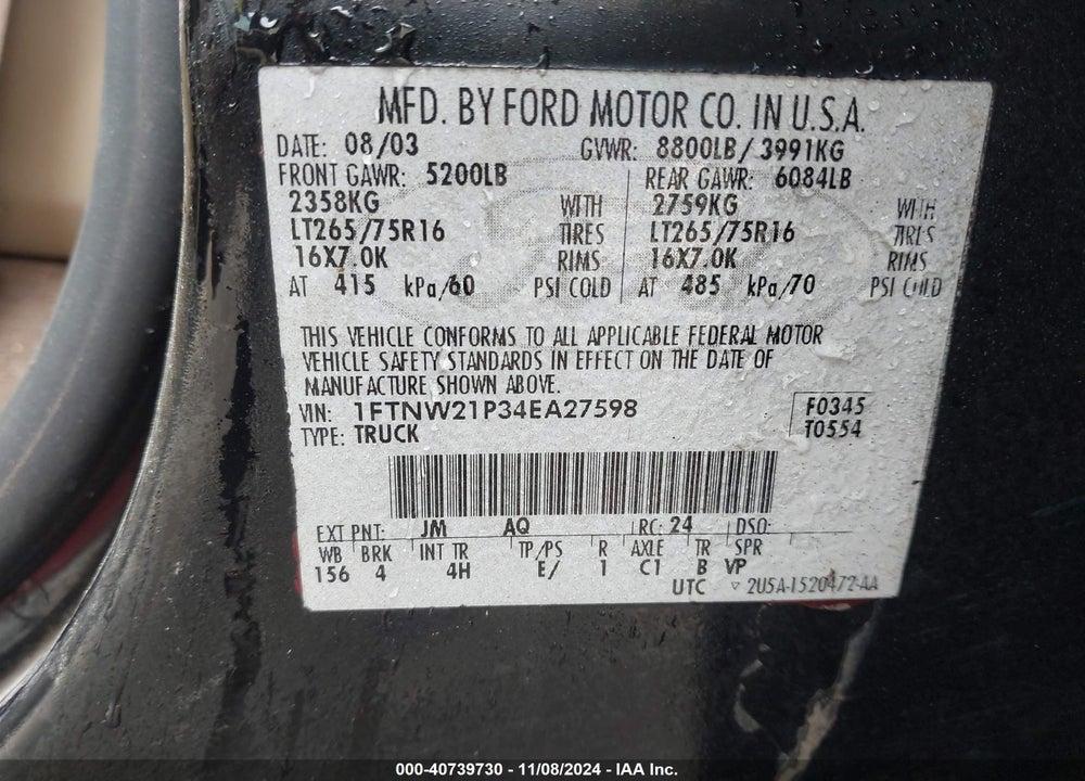 2004 FORD F-250 VIN: 1FTNW21P34EA27598