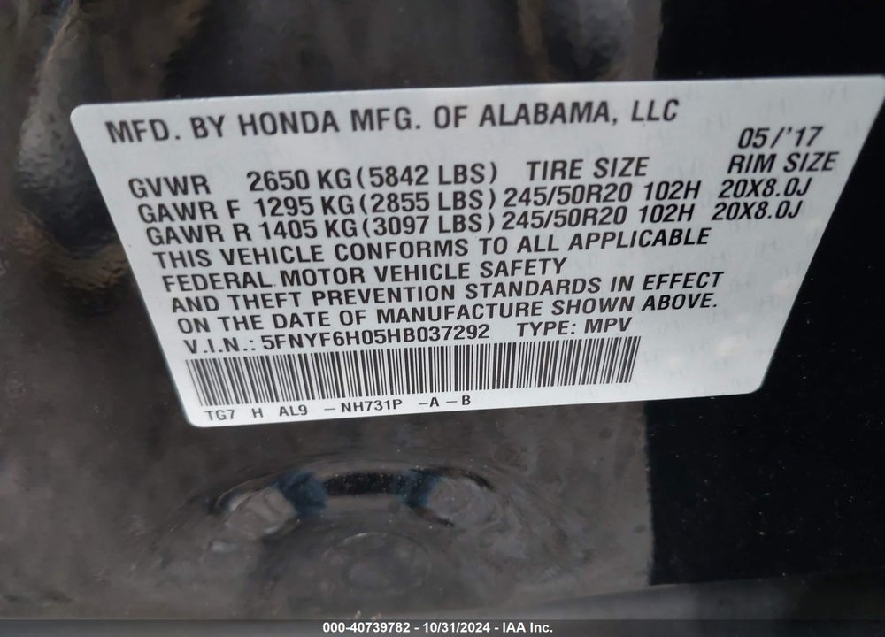 2017 HONDA PILOT ELITE VIN: 5FNYF6H05HB037292