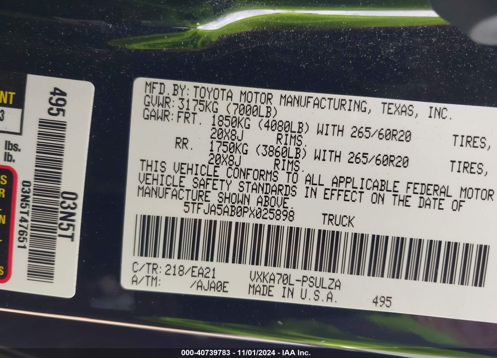 2023 TOYOTA TUNDRA LIMITED VIN: 5TFJA5AB0PX025898