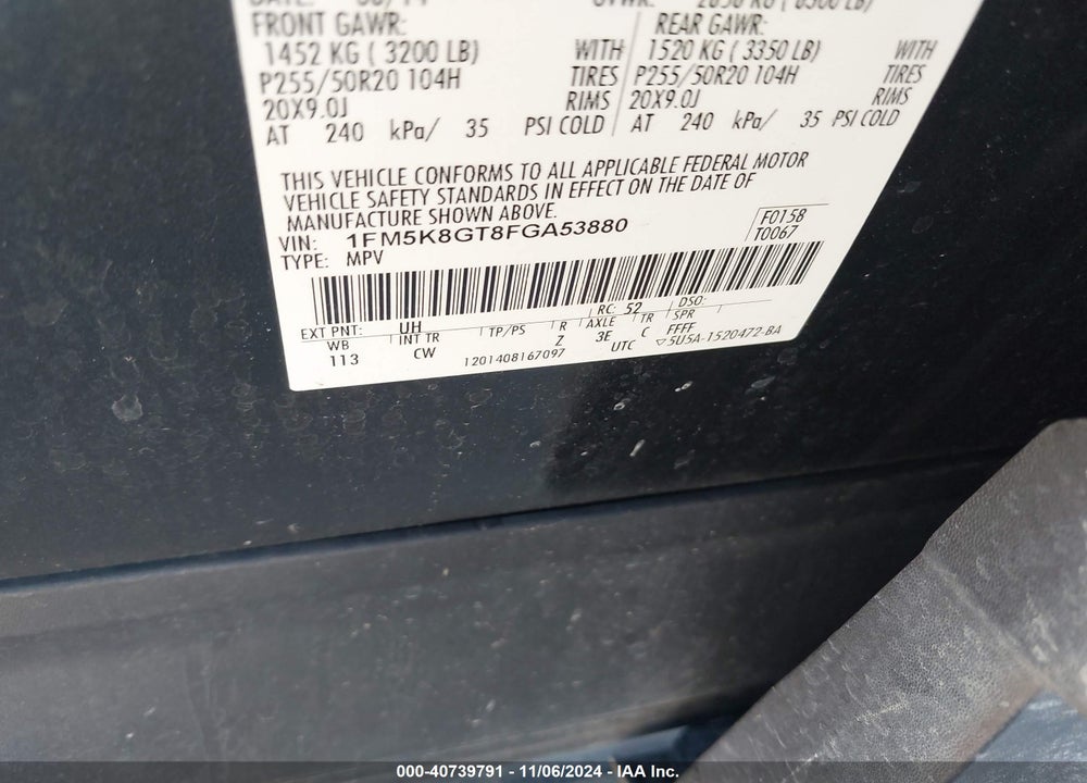 2015 FORD EXPLORER SPORT VIN: 1FM5K8GT8FGA53880