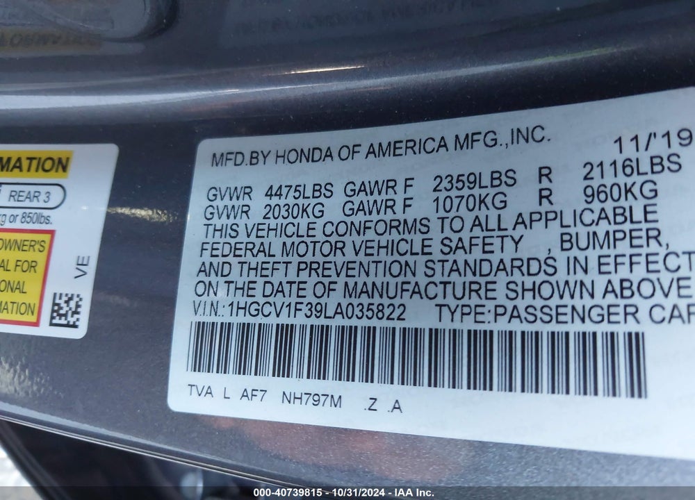 2020 HONDA ACCORD SPORT VIN: 1HGCV1F39LA035822