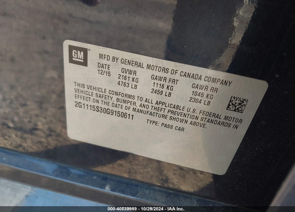 2016 CHEVROLET IMPALA 2LT VIN: 2G1115S30G9150611