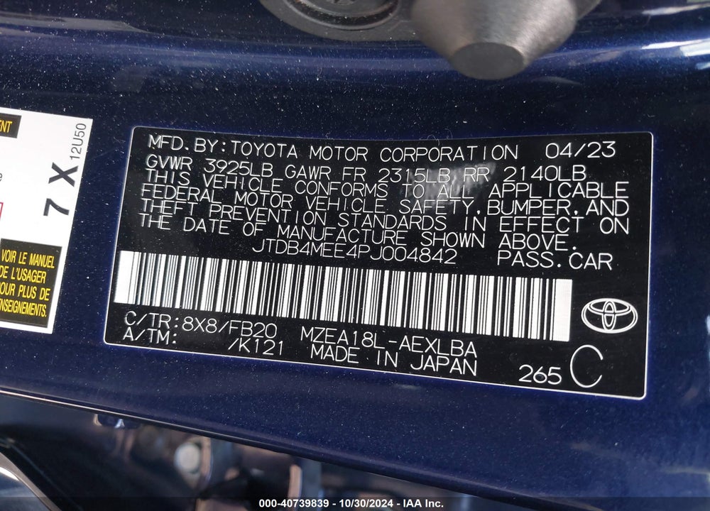 2023 TOYOTA COROLLA LE VIN: JTDB4MEE4PJ004842