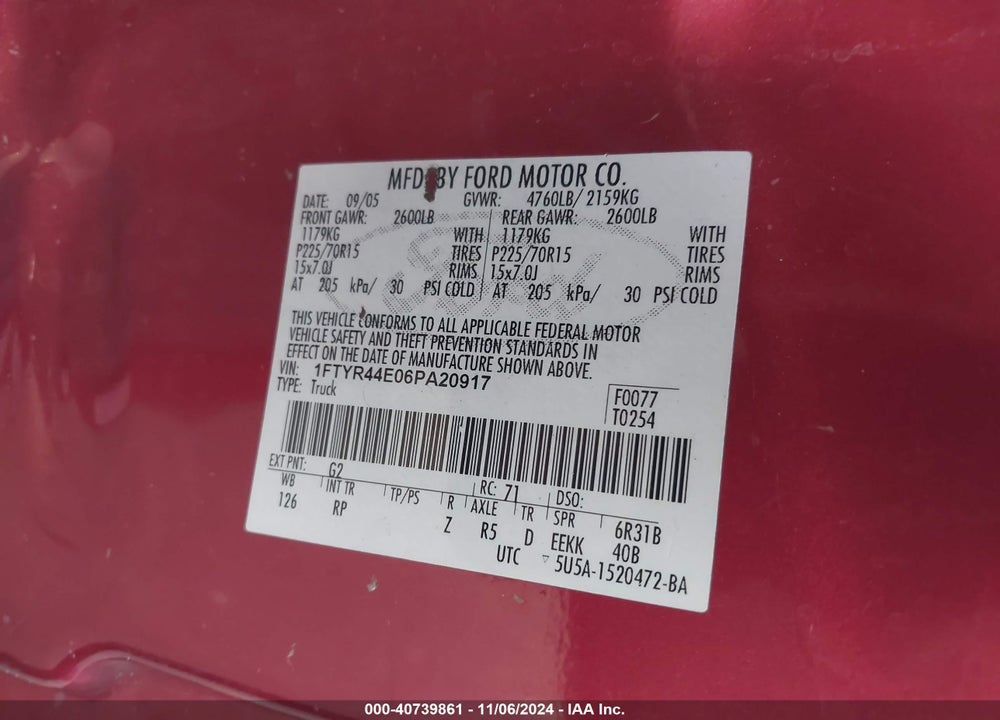2006 FORD RANGER SPORT/STX/XLT VIN: 1FTYR44E06PA20917