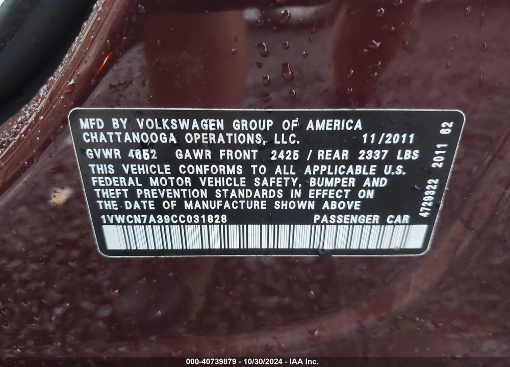 2012 VOLKSWAGEN PASSAT VIN: 1VWCN7A39CC031828