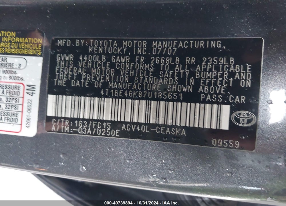 2007 TOYOTA CAMRY SE VIN: 4T1BE46K87U185651