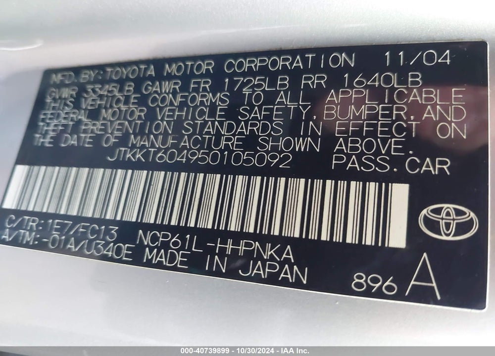 2005 SCION XA VIN: JTKKT604950105092